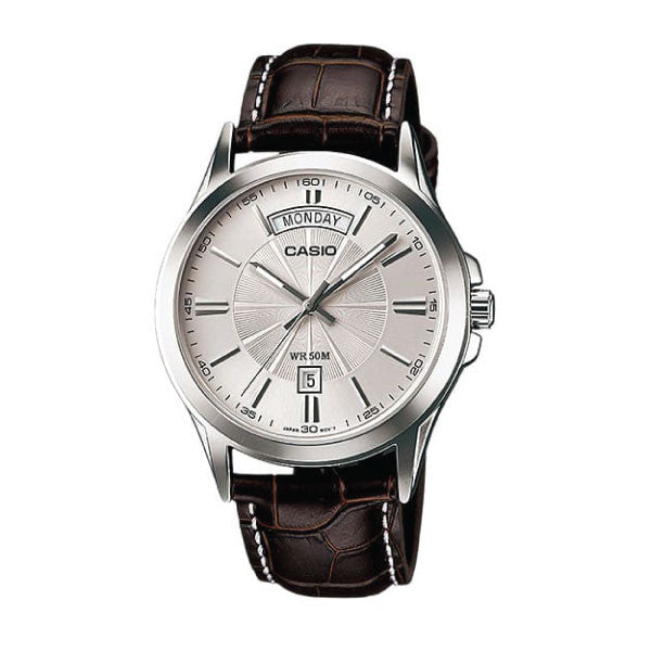 Casio Men 3H Watch - Silver / White / Brown | MTP-1381L-7AVDF