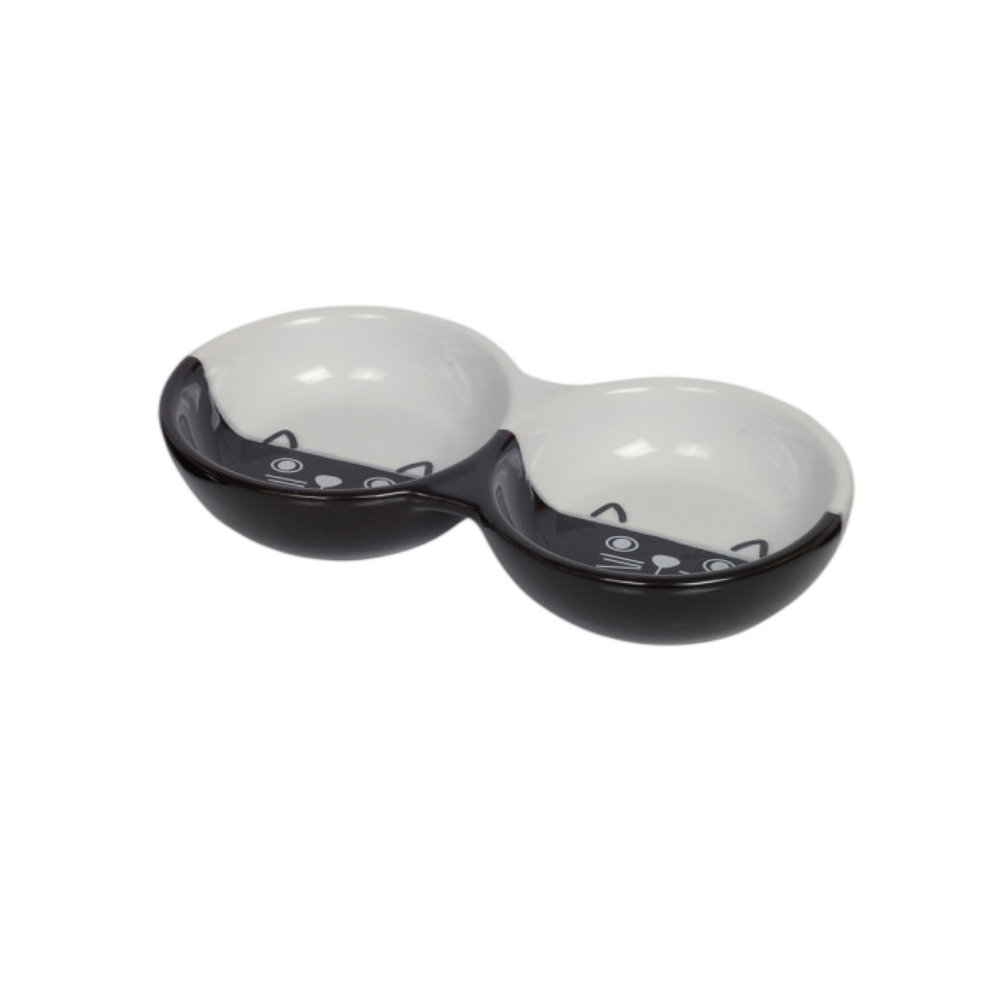 Nobby Cat Ceramic Double Bowl "Face" Black/White | NO73693
