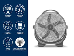 Beper Adjustable Box Fan, 100W Power, 5 Large Blades, 3 Speeds, Grey | P206VEN560