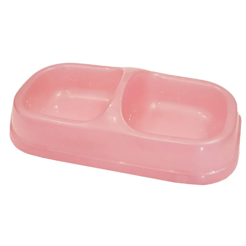 Double Pet Feeding Bowl - Food & Water Dish for Cats and Dogs - Light Pink