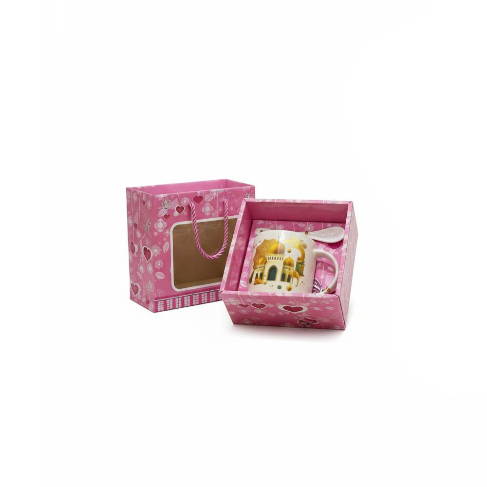 Ramadan Kareem Ceramic Mug with Spoon – Golden Mosque Design (Pink Gift Box) | 7161-12