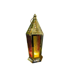 Ramadan Tall Gold Moroccan Lantern with Colored Glass Panels | 7138-82