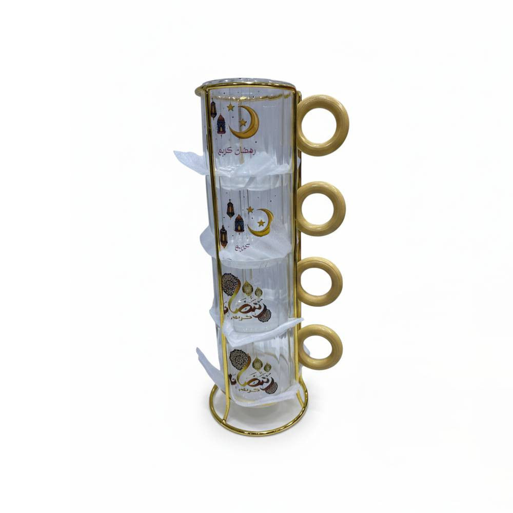Ramadan Kareem Glass Mug Set with Gold Handles & Stand – Islamic Design (Set of 4) | 7047-5