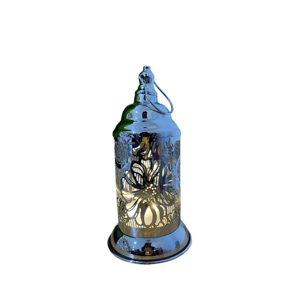Silver Metal Floral Ramadan Lantern with LED Candle | 7138-76