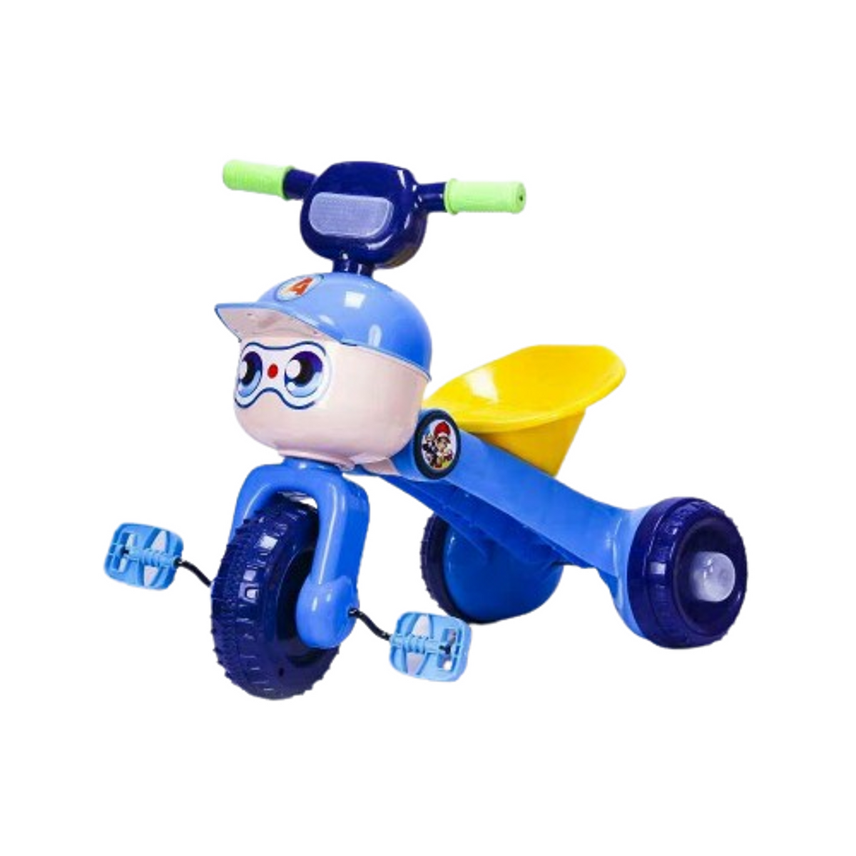 Kids Cartoon Face Tricycle with Pedals, Comfortable Seat & Rear Basket - Blue | AL320/B