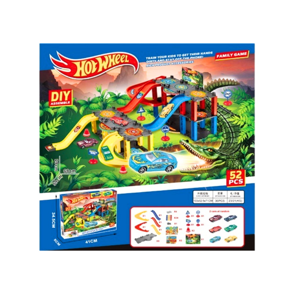 52-Piece Multi-Level Racing Track Playset with Spiral Ramps & Cars - Jungle Adventure Theme | AL6896