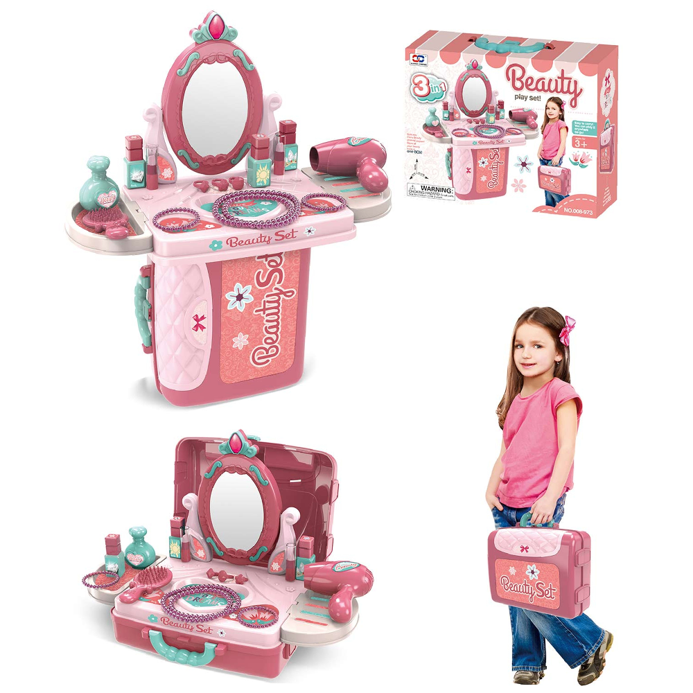 Beauty Set Kids Vanity Makeup Playset with Suitcase & Mirror – Pink | 008-973