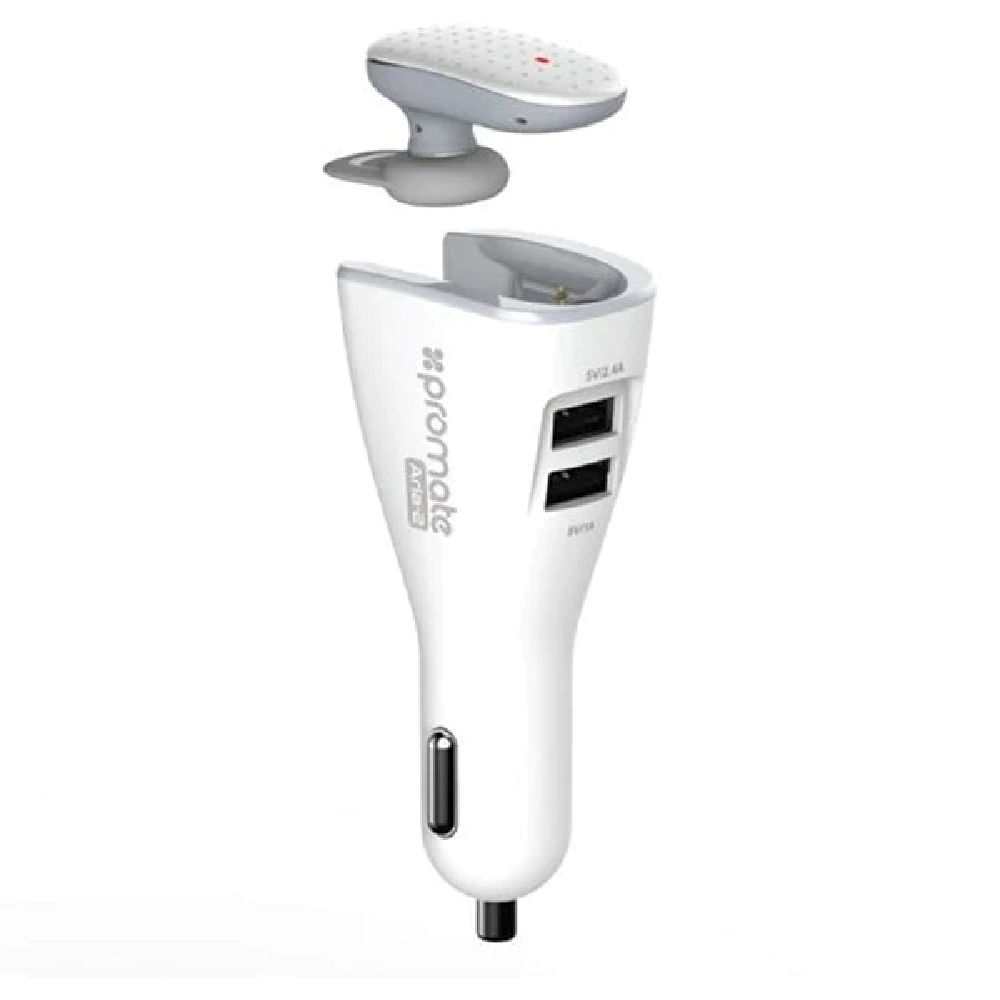 Promate Bluetooth Headset for Music&Calls with Smart Wireless Car Charging Dock | ARIA. WHITE