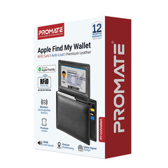 Promate Anti-Loss Slim Leather Wallet with RFID Protection & Smart Tracking - Black | ProWallet