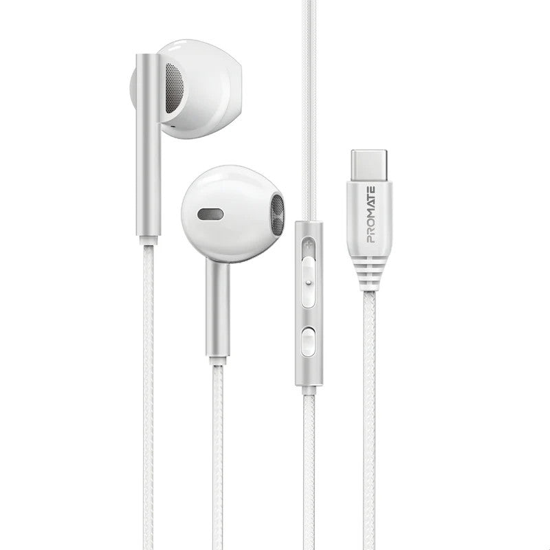 PROMATE High Fidelity USB-C ENC Stereo Wired Earphones - White | Laxi-S