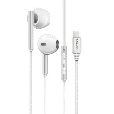 PROMATE High Fidelity USB-C ENC Stereo Wired Earphones - White | Laxi-S