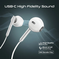 PROMATE High Fidelity USB-C ENC Stereo Wired Earphones - White | Laxi-S
