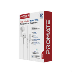 PROMATE High Fidelity USB-C ENC Stereo Wired Earphones - White | Laxi-S