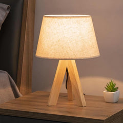 SK Minimalist Wooden Tripod Table Lamp - 36 cm, Linen Shade | SK856