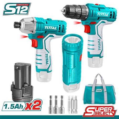Total 12V مجموعة مقدح+فرد شد براغي تورك+انتريك عالبطارية | TKLI1203