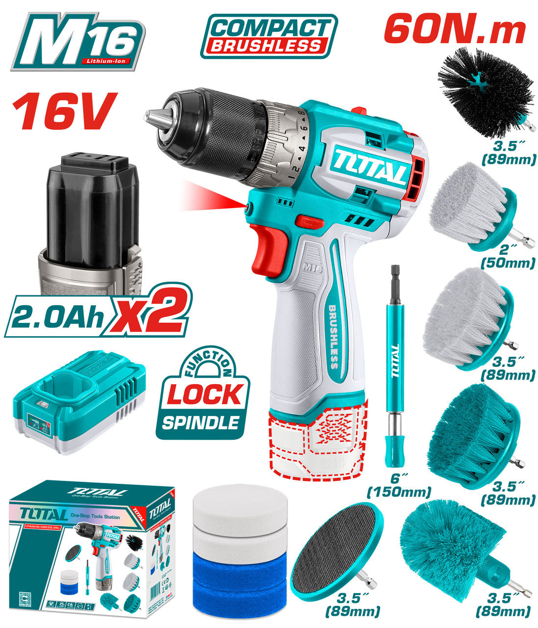 Total 16VX60NMX2BX1C مجموعة مقدح بطارية مع فراشي تنظيف | TOSLI240786
