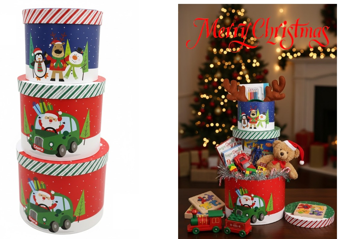 Christmas Gift Box Set - 3 Round Pieces Santa & Friends Design | AL1783