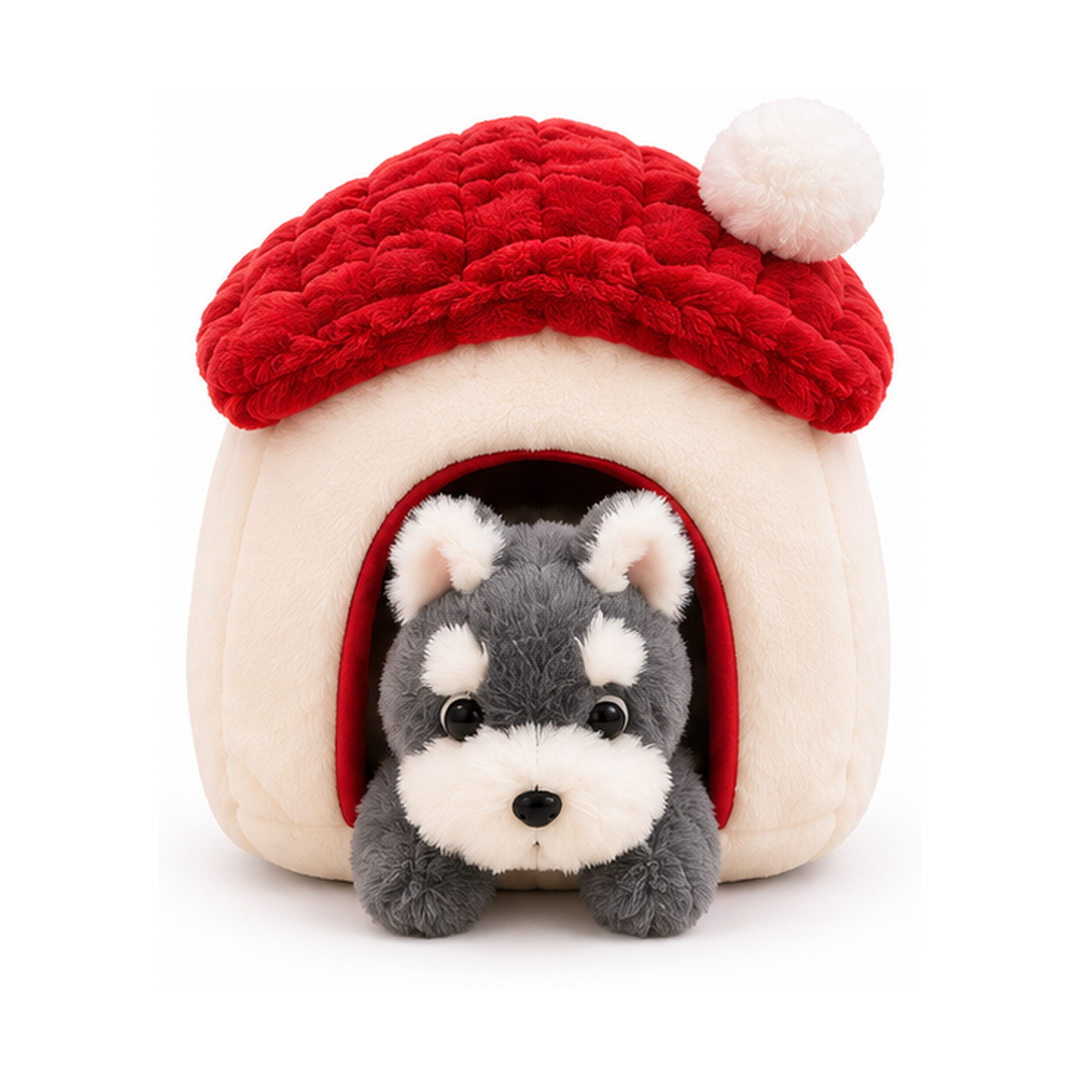 Plush Pet House with Gray & White Husky-Style Puppy - Beige & Red | Z1196