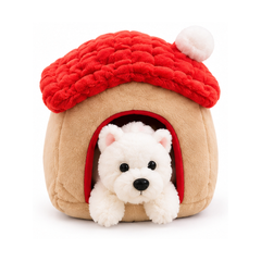 Plush Pet House with White Puppy - Beige & Red | Z1196
