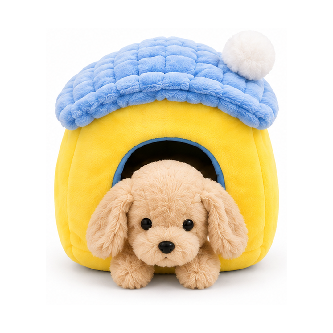 Plush Pet House with Beige Puppy - Yellow & Blue | Z1196