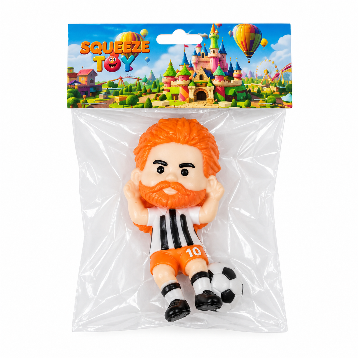 Squeeze Toy Soccer Player Figure - Orange-Haired Bearded Black & White Striped Seated Pose | AL1096
