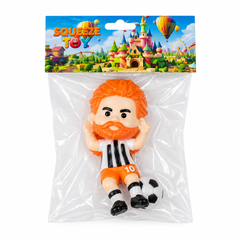 Squeeze Toy Soccer Player Figure - Orange-Haired Bearded Black & White Striped Seated Pose | AL1096