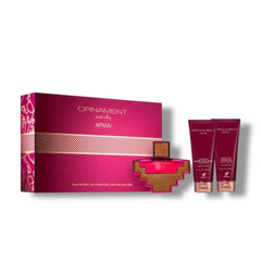 طقم هدايا أزياء الزينة البنفسجية من عطور أفنان للنساء - عطر 100 مل + جل استحمام 100 مل + لوشن للجسم 100 مل