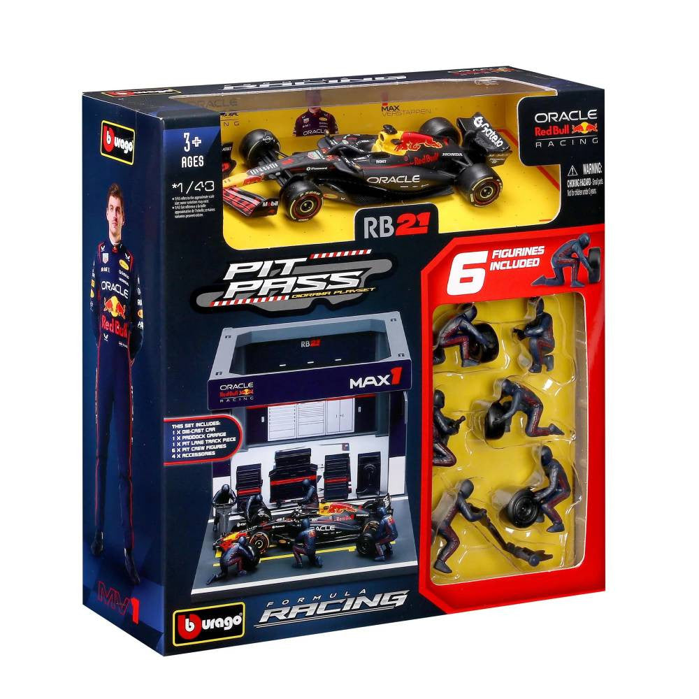Bburago Oracle Red Bull Racing RB21 #1 Max Verstappen Pit Pass 1:43 Die-Cast Model Set | 18-38459V