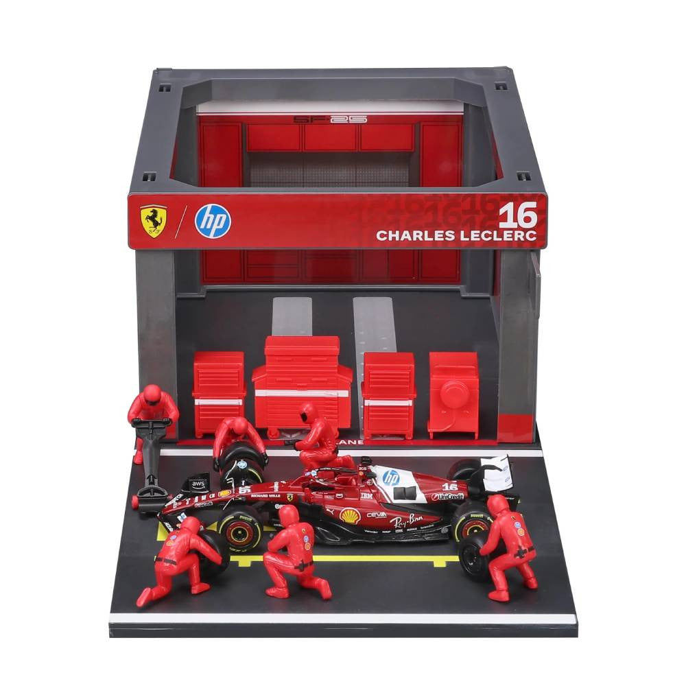 Bburago Ferrari SF-25 #16 Charles Leclerc 2025 Pit Pass 1:43 Die-Cast Diorama Set | 18-36865L