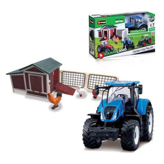 Bburago Farmland Chicken Coop Play Set with New Holland T7.315 HD Tractor - 17 Pieces | 18-31681