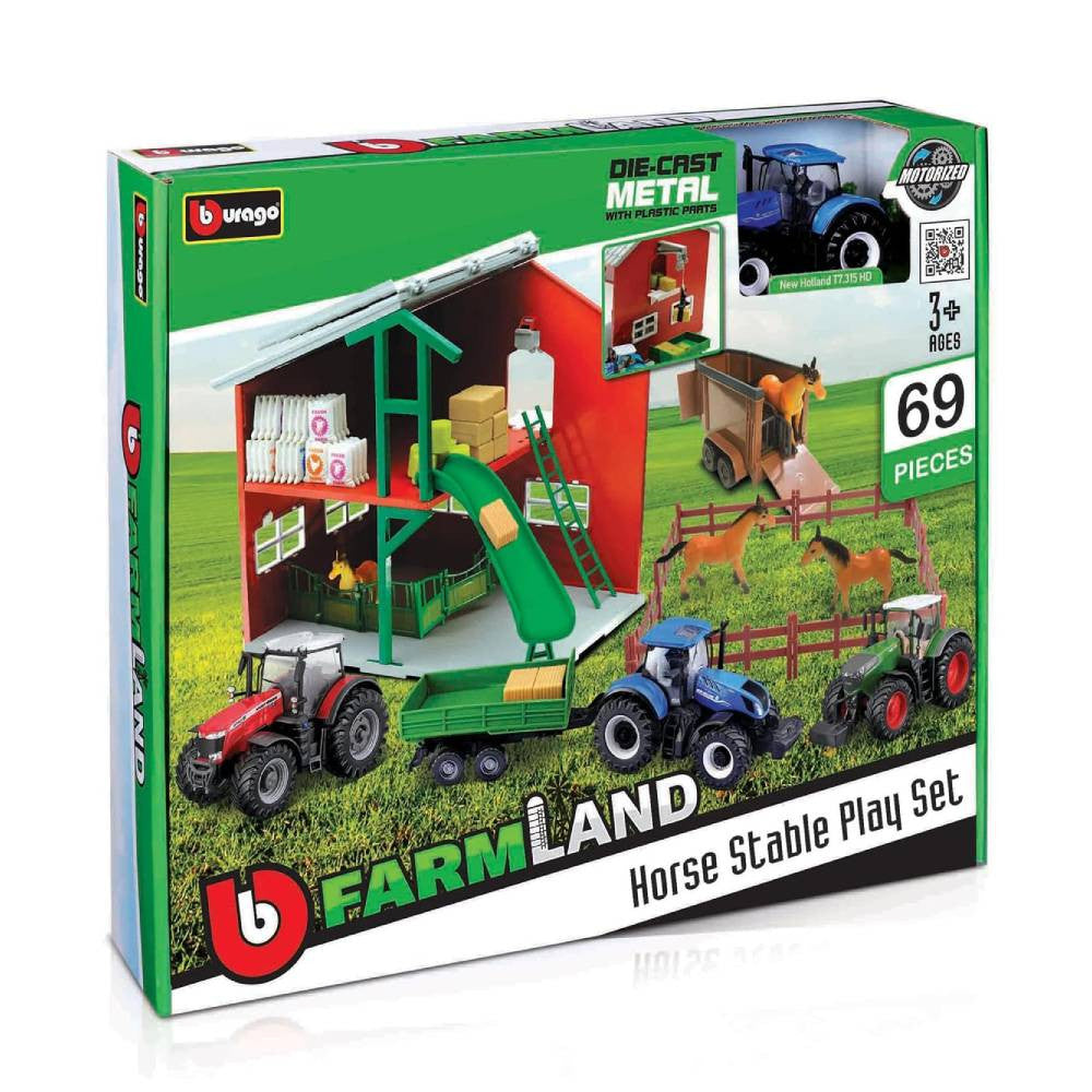 Bburago FramLand Horse Stable Play Set with New Holland T7.315 HD Tractor - 69 Pieces