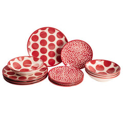 Benetton Set 12Pcs Tableware (4Xdinner Plate 27cm 4xdeep Plate 21cm 4x Dessert Plate 19cm) Stoneware Red Dots | BE-2063