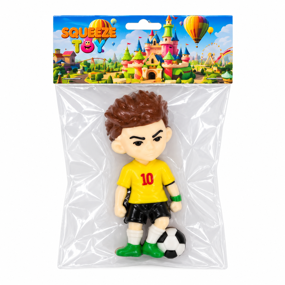Squeeze Toy Soccer Player Figure - Brown-Haired Yellow No.10 Standing With Football | AL1097