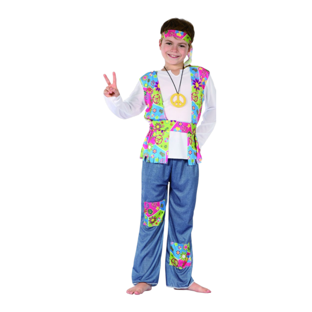 Hippie Boy Costume (Shirt, Vest, Pants, Belt, Necklace, and Headband) - Small Size (110-120cm) | 98628