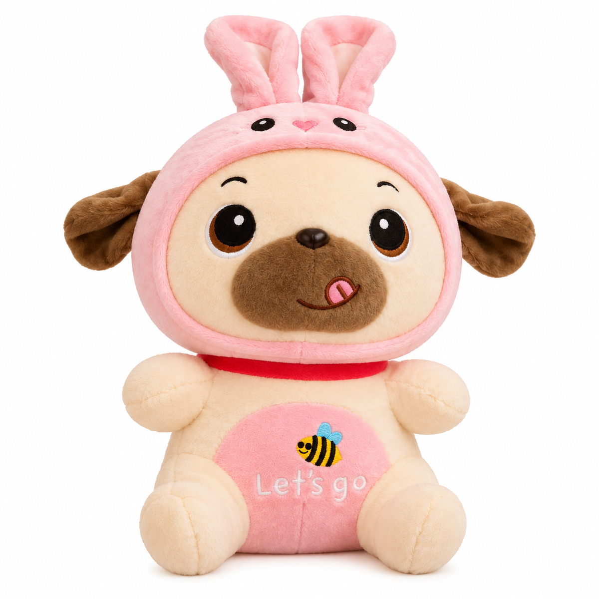 Cute Pug Plush Toy with Pink Bunny Hood | W3216