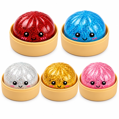 Glitter Dumpling Squishy Toy with Bamboo Basket