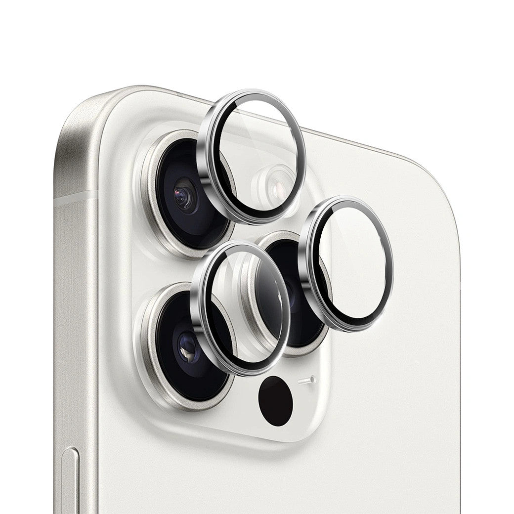 WIWU LG-005 Set For iPhone 15 Pro Max 6.7 3D Tempered Glass+Aluminum Alloy Frame Phone Lens Film Protector - White Titanium | LG-005-WT