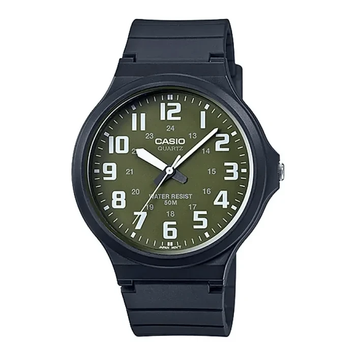 Casio Analog Watch – Black Case, Green Dial & Resin Strap | MW-240-3BVDF