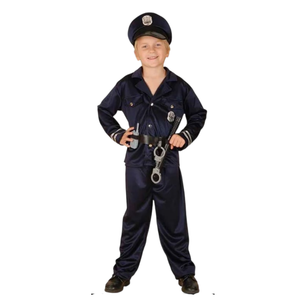 Policeman Costume (Shirt with Belt, Pants, Hat, Intercom, Cuffs, Truncheon) - Medium Size (120-130cm) | 087238
