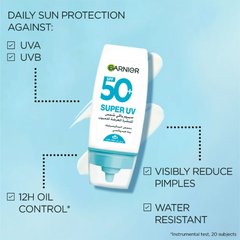 Garnier Super UV Anti-Acne SPF50+ Sunscreen 12H Oil Control - 30ml