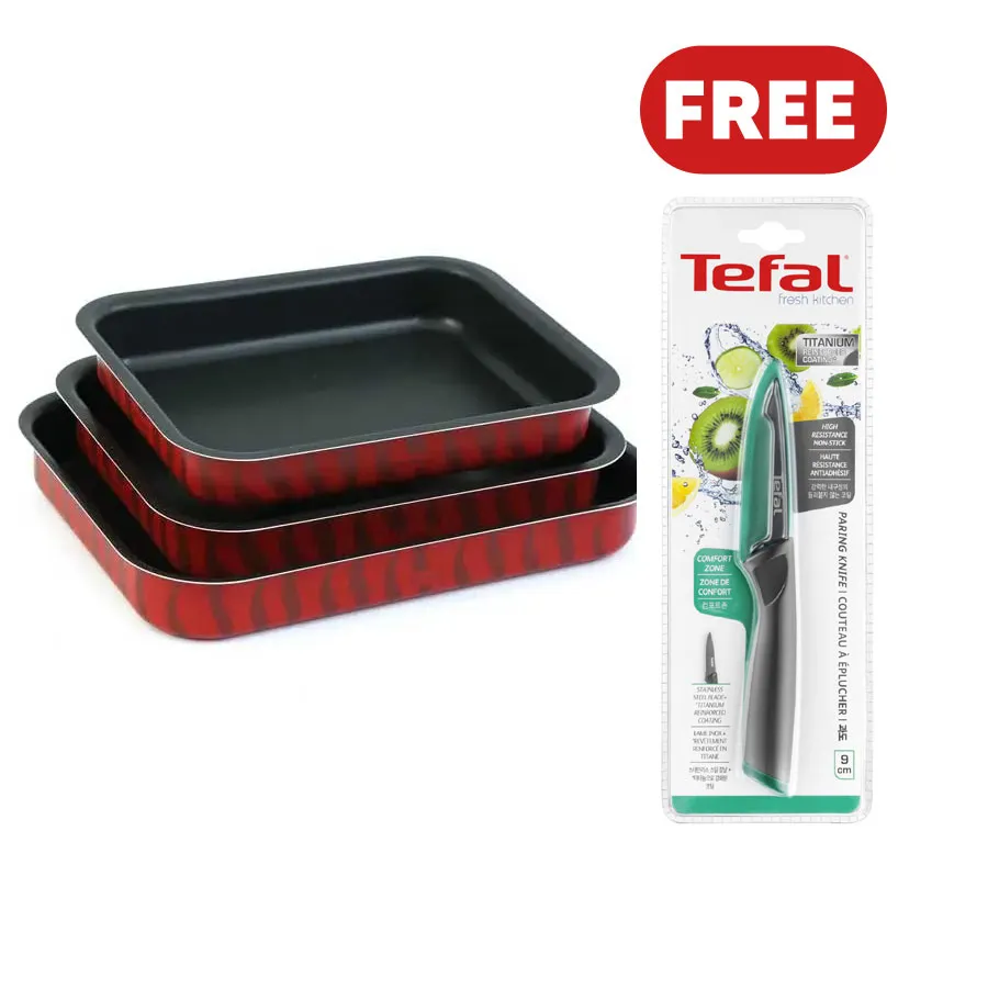 Tefal Tempo Flame Ovenware Set – 3 Oven Dishes + Free Fresh Kitchen Paring Knife 9 cm | J5715582 + K1220604