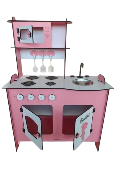 Kids Wooden Pretend Kitchen with Stove, Sink & Cabinets - Pink | OK108545