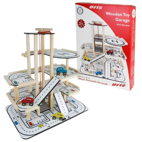 ÜFİŞ Wooden Toy Garage with Elevator & 3 Cars 50×52×35cm | OK114195