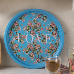 Karaca Love Round Serving Tray Blue Floral 35 cm Metal | 153.09.01.3986