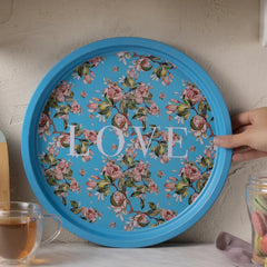 Karaca Love Round Serving Tray Blue Floral 35 cm Metal | 153.09.01.3986