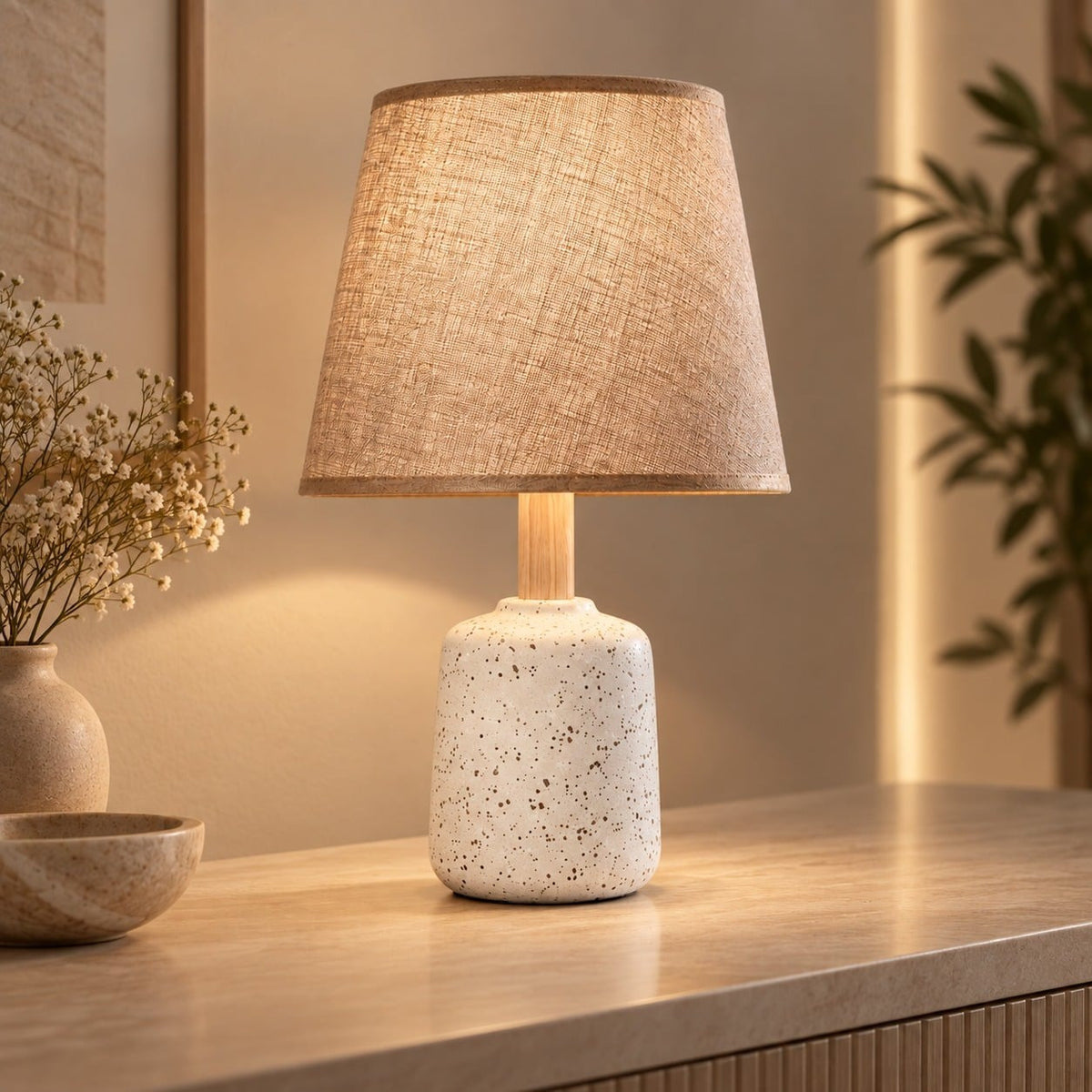 SK Boho Ceramic Table Lamp Beige Burlap Shade | SK926