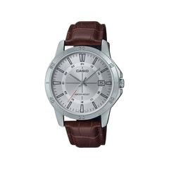 Casio Analog Watch Silver Brown Leather | MTP-V004L-7CUDF
