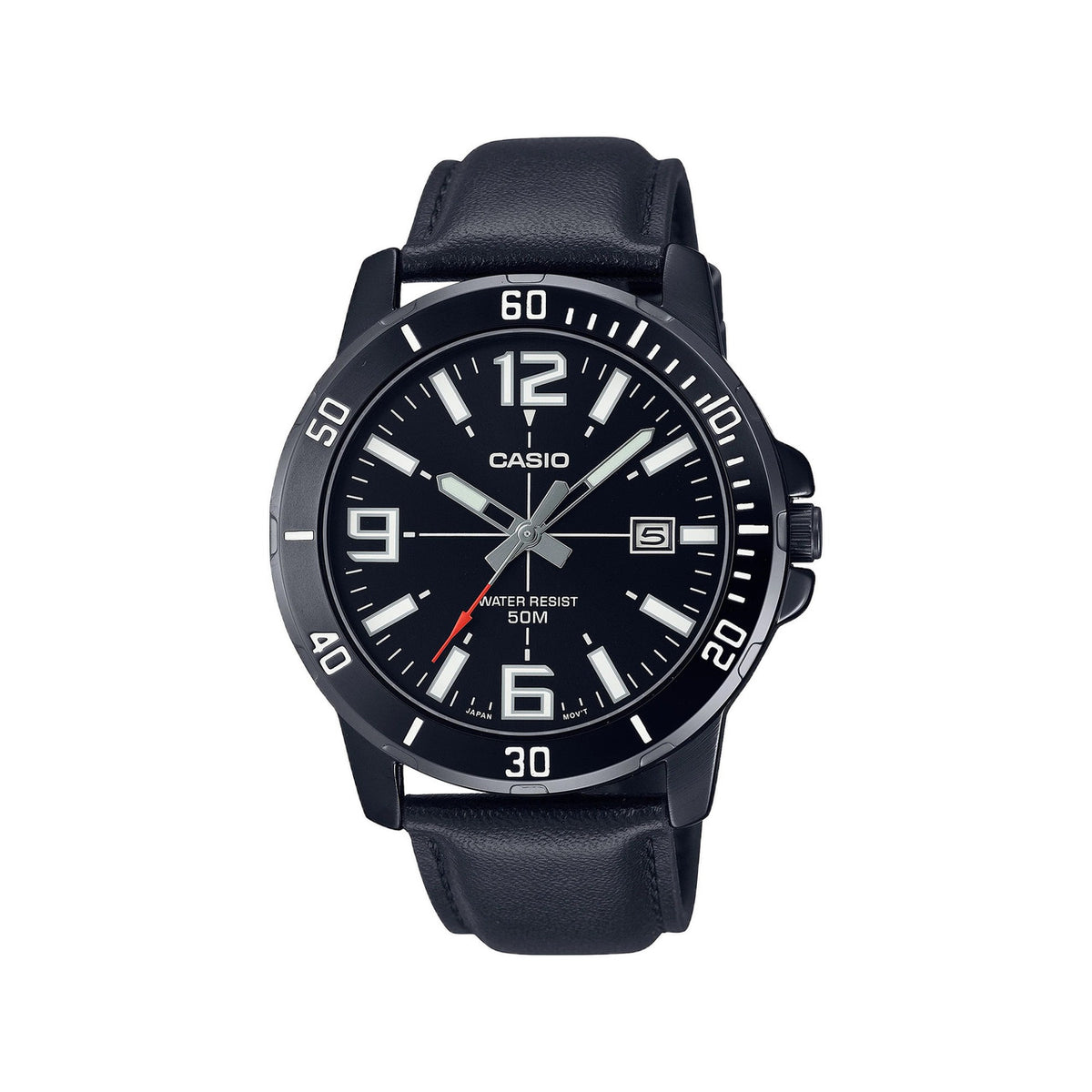Casio casio-men-3h-watch- Men's Watch Black 45mm Leather Strap | MTP-VD01BL-1BVUDF