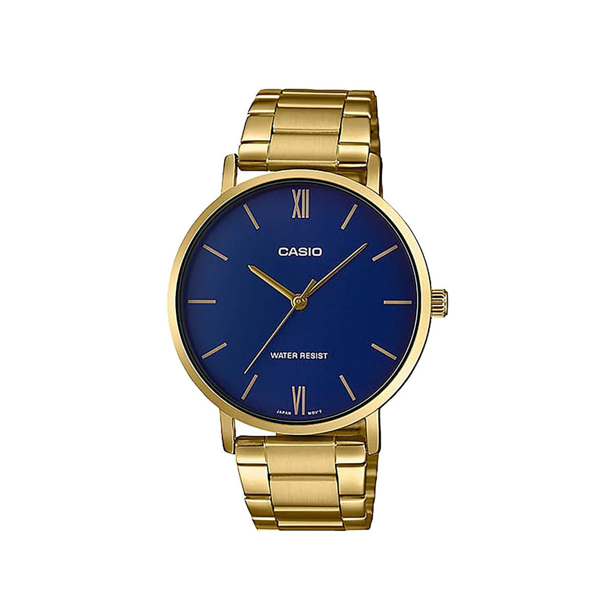 Casio Men 3H Watch Blue Dial Gold Stainless Steel | MTP-VT01G-2BUDF