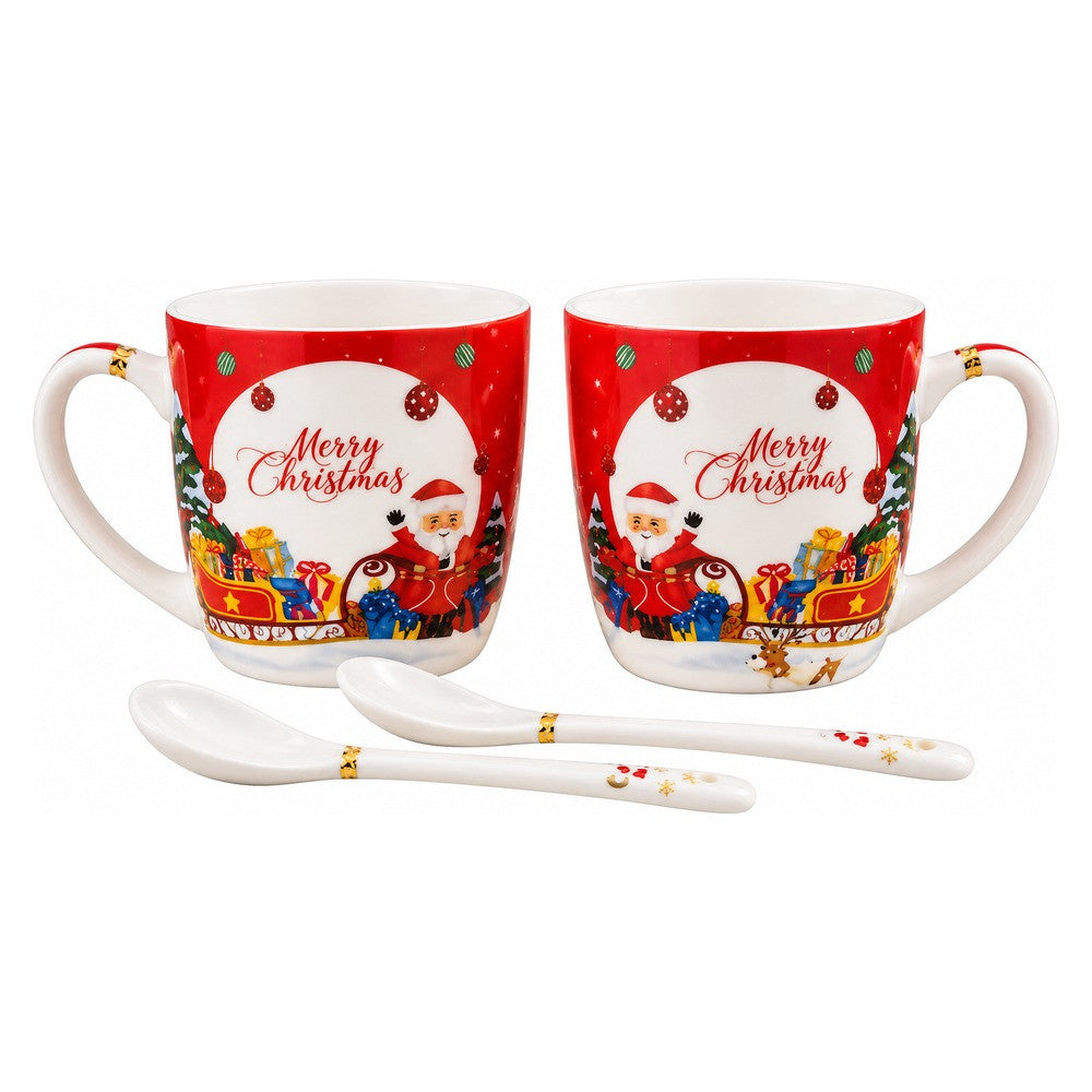 Christmas Santa Mug Set with Spoons - Red & White | AT1842B